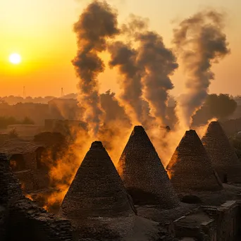 Traditional brick kilns at sunset with rising smoke - Image 1