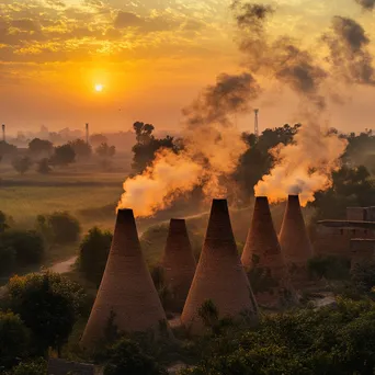 Traditional brick kilns at sunset with rising smoke - Image 3