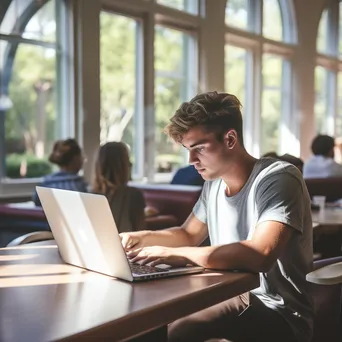 Student typing on a laptop at a desk in a library with natural light. - Image 4