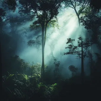 Enchanting fog over a tranquil rainforest with silhouettes - Image 1