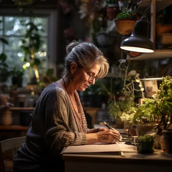 Older adult taking notes during an online class in a well-lit home office. - Image 1