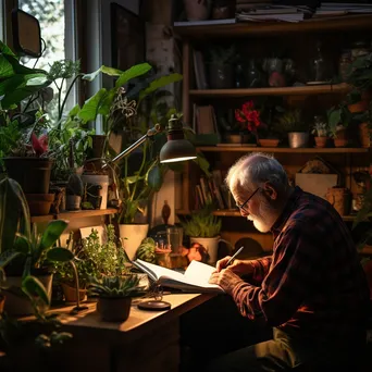 Older adult taking notes during an online class in a well-lit home office. - Image 3