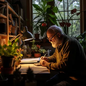 Older adult taking notes during an online class in a well-lit home office. - Image 4