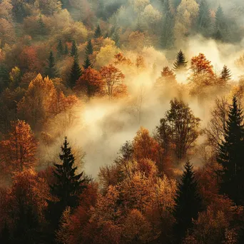 Misty autumn forest with colorful leaves - Image 1