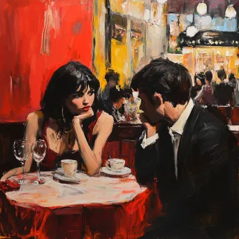 Oil painting of romantic scene in a Parisian café - Image 4