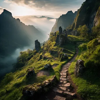 Rocky hillside path with cliffs and valley view at dawn - Image 4