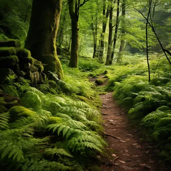 Lush woodland clearing with ferns, wildflowers, and a stone path. - Image 1