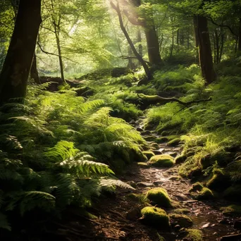 Lush woodland clearing with ferns, wildflowers, and a stone path. - Image 4