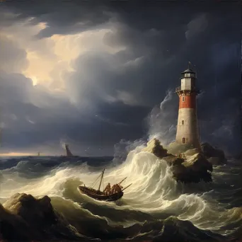 Boat navigating stormy sea with lighthouse in the distance - Image 2