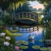 Image of a serene water garden with water lilies and a heron - Image 2