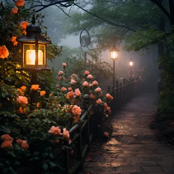 Lanterns illuminating a foggy garden path - Image 1