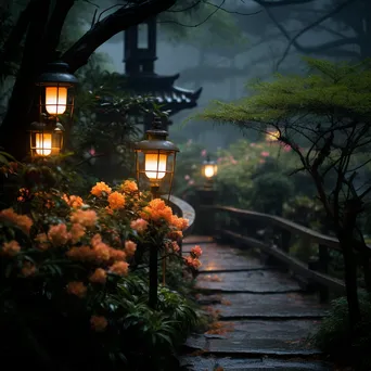 Lanterns illuminating a foggy garden path - Image 3