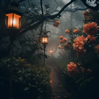 Lanterns illuminating a foggy garden path - Image 4