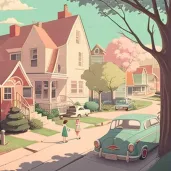 Image of a serene 1950s suburban street with pastel-colored houses and vintage cars - Image 3