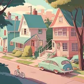 Image of a serene 1950s suburban street with pastel-colored houses and vintage cars - Image 4