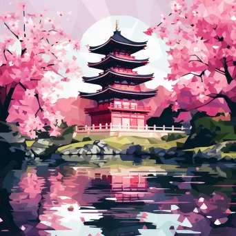 Low poly artwork of a Japanese pagoda amidst cherry blossoms - Image 2