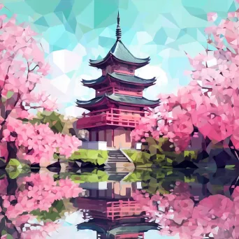 Low poly artwork of a Japanese pagoda amidst cherry blossoms - Image 3