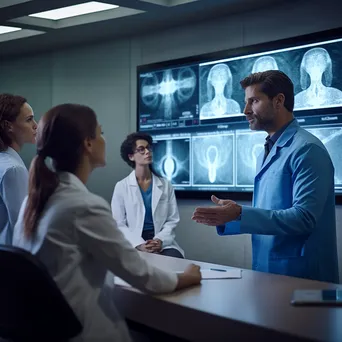 Doctor consulting patients through a large screen in a telehealth clinic. - Image 1