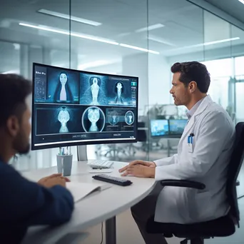 Doctor consulting patients through a large screen in a telehealth clinic. - Image 4