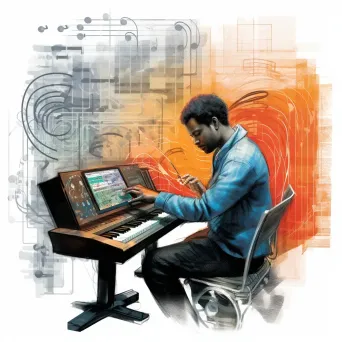 Image of a musician composing on a digital audio workstation with waveforms - Image 1