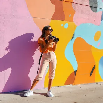 Content creator capturing lifestyle videos with a DSLR in a colorful urban setting - Image 2