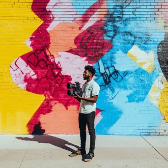 Content creator capturing lifestyle videos with a DSLR in a colorful urban setting - Image 4