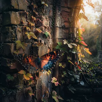 A giant butterfly resting on ancient castle ruins with soft sunlight, creating a surreal scene. - Image 1