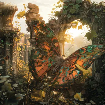 A giant butterfly resting on ancient castle ruins with soft sunlight, creating a surreal scene. - Image 4