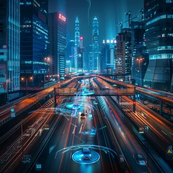 Futuristic city with autonomous vehicles and augmented reality overlays. - Image 1