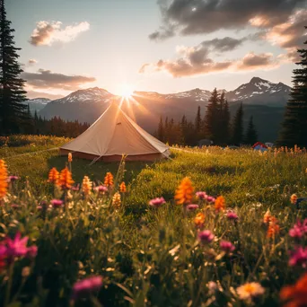 Cozy campsite in an alpine meadow with tent and wildflowers illuminated by sunset. - Image 2