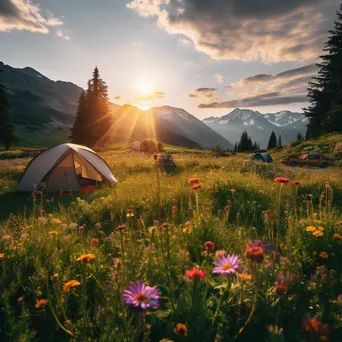 Cozy campsite in an alpine meadow with tent and wildflowers illuminated by sunset. - Image 3