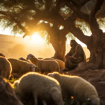 Shepherd resting under an olive tree with grazing sheep at golden hour - Image 1