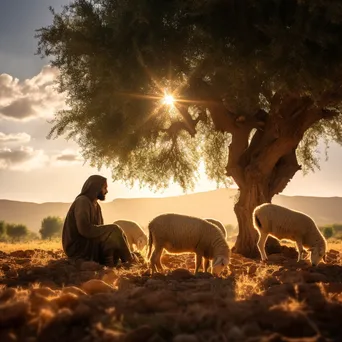 Shepherd resting under an olive tree with grazing sheep at golden hour - Image 4