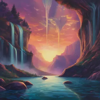 Image of surreal waterfalls flowing upwards towards a radiant sky in a dreamlike landscape - Image 1