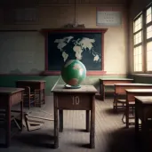 Vintage classroom with wooden desks, chalkboard, and globe - Image 1