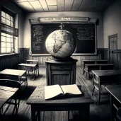 Vintage classroom with wooden desks, chalkboard, and globe - Image 4