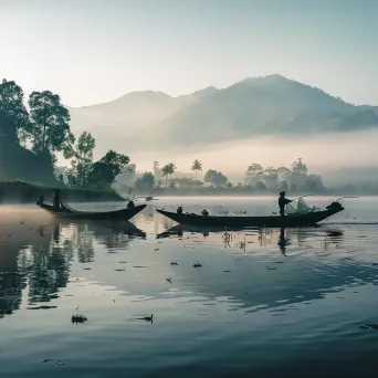 Local fishermen casting nets on the village lake at dawn - Image 2