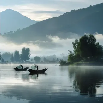 Local fishermen casting nets on the village lake at dawn - Image 4