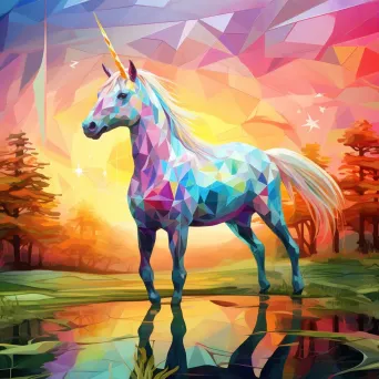 Polygonal unicorn in pastels traversing a vibrant spring meadow - Image 1