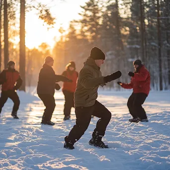 Group of participants doing outdoor workout exercises in the snow during winter. - Image 2