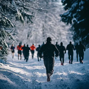 Group of participants doing outdoor workout exercises in the snow during winter. - Image 3