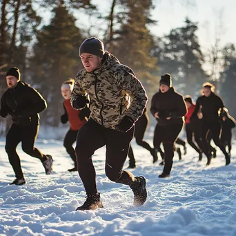 Group of participants doing outdoor workout exercises in the snow during winter. - Image 4