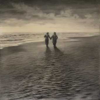 Image of a couple walking hand in hand on a beach with mingling footprints - Image 1