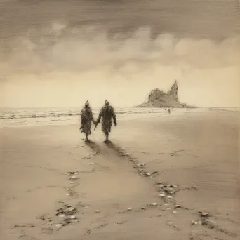 Image of a couple walking hand in hand on a beach with mingling footprints - Image 2