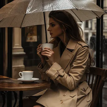 Woman sitting at cafe with umbrella and coffee in the rain - Image 3