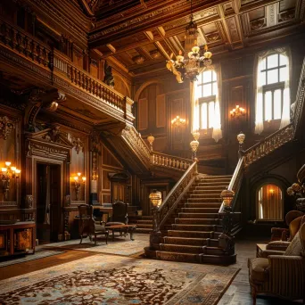 Gilded Age mansion interior with grand staircase and ornate furnishings in soft light - Image 1