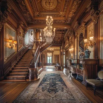 Gilded Age mansion interior with grand staircase and ornate furnishings in soft light - Image 3