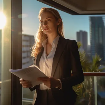 Businesswoman analyzing documents by the window - Image 1