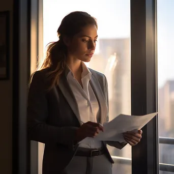 Businesswoman analyzing documents by the window - Image 4