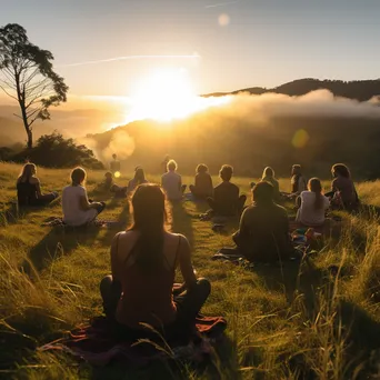 Yoga instructor leading class at sunrise on a hilltop. - Image 1